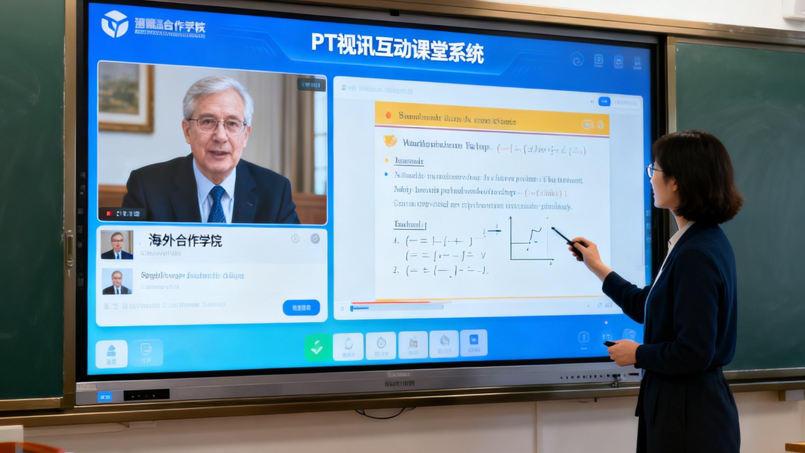 智慧教室中教师使用PT视讯互动课堂系统的触控白板进行跨国连线教学，屏幕上显示海外合作院校教授的实时画面和课件