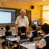 深圳南山实验学校陈校长的照片，一位精神矍铄的中年男士在智慧教室中与学生互动